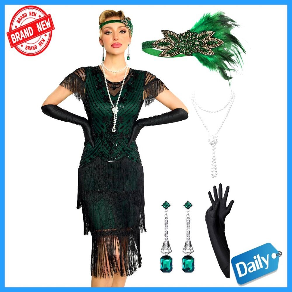 1920s Flapper Dress with Sequin Pattern, Sheer Sleeves, Fringe Hem